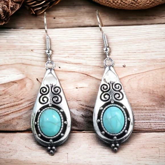 Boho Western Dangle Drop Earrings Native American Turquoise Vintage Silver Style - Picture 2 of 16